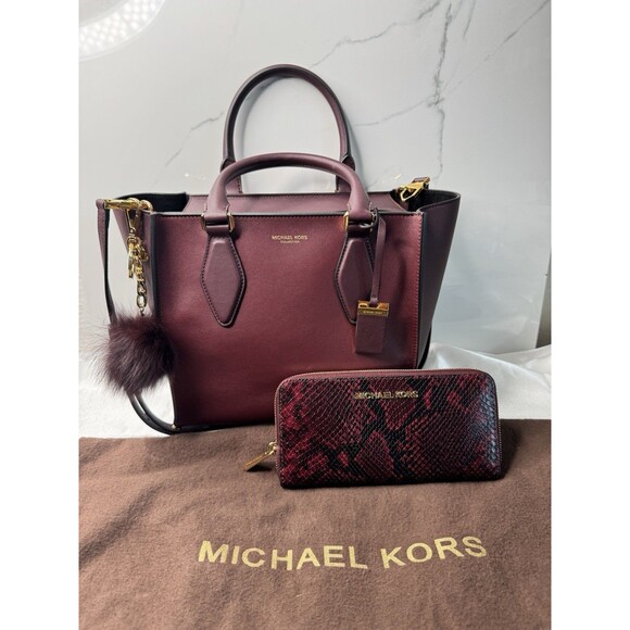 Michael Kors Collection GRACIE Tote Burgundy Leather + Python Embossed Wallet - Picture 2 of 16